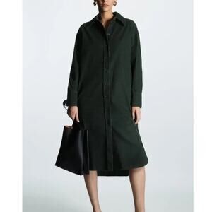 NWT COS (12) Dark Green Corduroy Midi Shirt Dress Button Up Minimalist Oversized